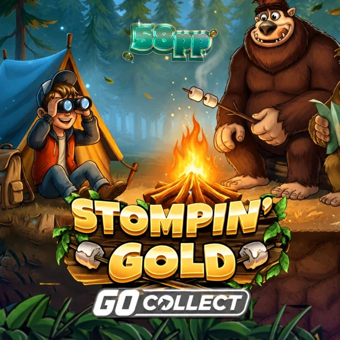 Isang visual na representasyon ng Stompin’ Gold slot na may temang kagubatan at mga karakter na sina Biggie at Boogie.