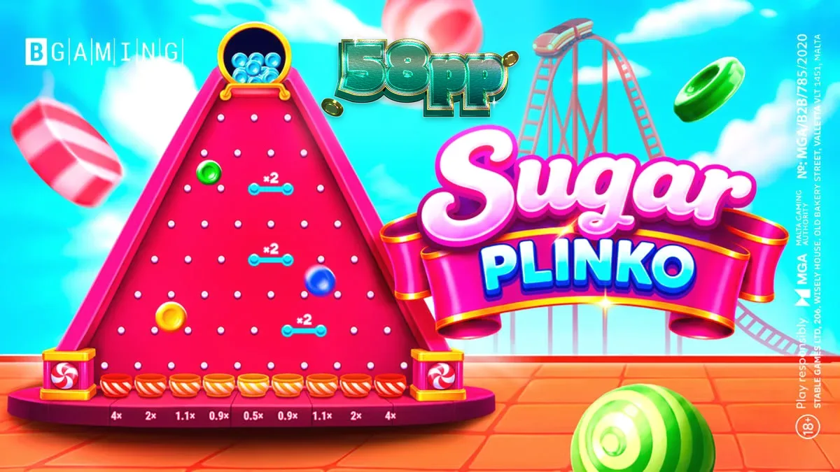 Makulay na interface ng Sugar Plinko game na may mga kendi at pachinko board.